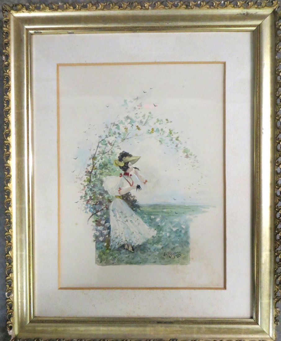 W/C Edwardian lady kissing bird - Signed A.V. Husenette: W/C Edwardian lady kissing bird - Signed A.V. Husenette (German, born 1900). Minor staining bottom right corner - 12.25" x 17"