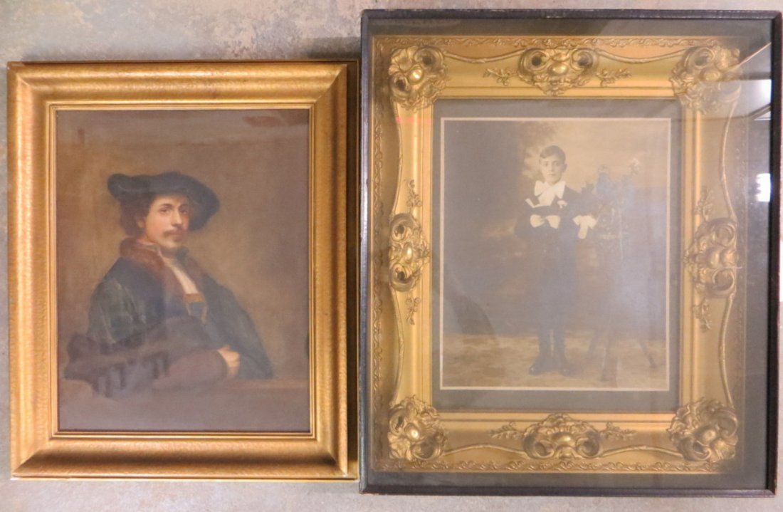 Two good frames including gold frame with chromolithogr: Two good frames including gold frame with chromolithograph of a young Rembrandt - 16" x 20" and a large shadow box frame currently holding an ornate gold leaf frame with photo of young boy - overall s