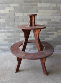 A round wooden 3 tier planter, probably mid 20th century, good condition. Measures 36 3/4"H x 30"D