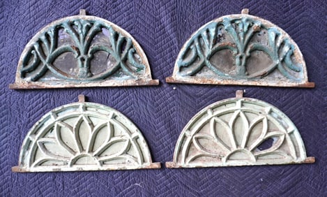 Four matching 1/2 round iron windows with colorful slag glass inserts on reverse (3 panels) on each