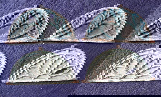Four matching 1/2 round iron windows with colorful slag glass inserts on reverse (3 panels) on each: Four matching 1/2 round iron windows with colorful slag glass inserts on reverse (3 panels) on each window. The colored glass obscured from the front side as they are with overpaint. Two windows