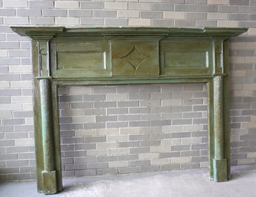 Federal fireplace mantle with shaped shelf and reeded columns on legs, layers of old paint, overall