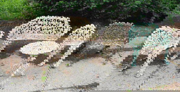 Five pieces of cast iron garden furniture in the grape and vine pattern, most needing some work and: Five pieces of cast iron garden furniture in the grape and vine pattern, most needing some work and with layers of old white and green paint. These are not the usual 1970's era furniture and are