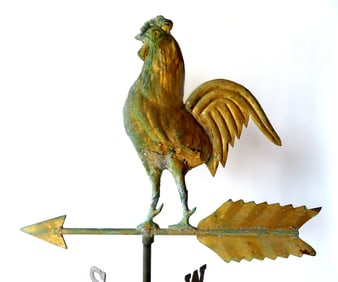 A small copper flattened body rooster weathervane in old gilding which is probably original, late
