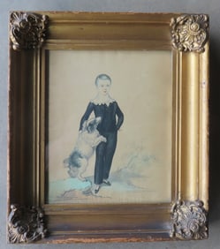 Early W/C portrait of standing boy with his dog, early to mid 19th century. Housed in original gilt