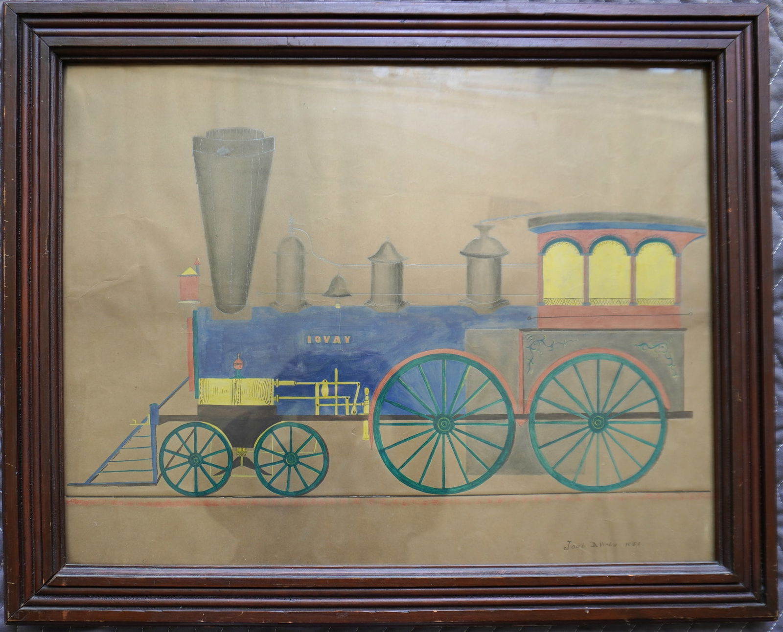 A W/C Portrait of a steam locomotive, 4-2-0, marked "IOVAY". This type of steam engine very popular: A W/C Portrait of a steam locomotive, 4-2-0, marked "IOVAY". This type of steam engine very popular circa 1850. It is artist signed "Joel DeWald 1852" and appears to have been completed in that period