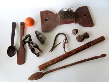 An awesome grouping of country collectibles including: A hatchel with incised decorations - 17 1/2"L