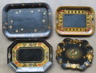 Grouping of 4 toleware hand painted trays, 19th century, all appear to be in original paint. The