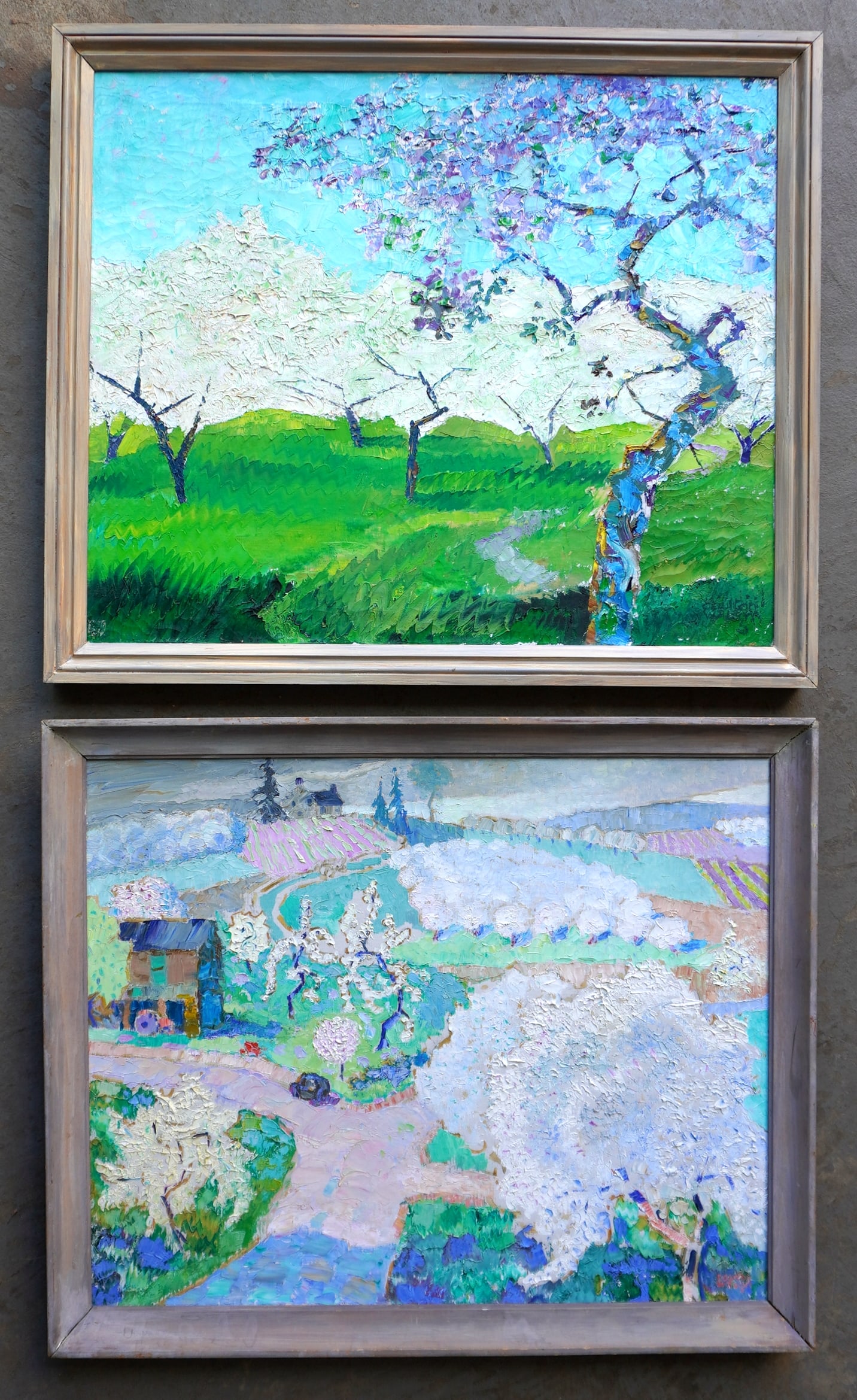 Coulton Waugh (1896 - 1973) was active/lived in upstate New York. Two O/C impasto (palette knife): Coulton Waugh (1896 - 1973) was active/lived in upstate New York. Two O/C impasto (palette knife) landscapes. The first titled on reverse "Inside the Orchard - 1963"- signed lower right - stretcher si