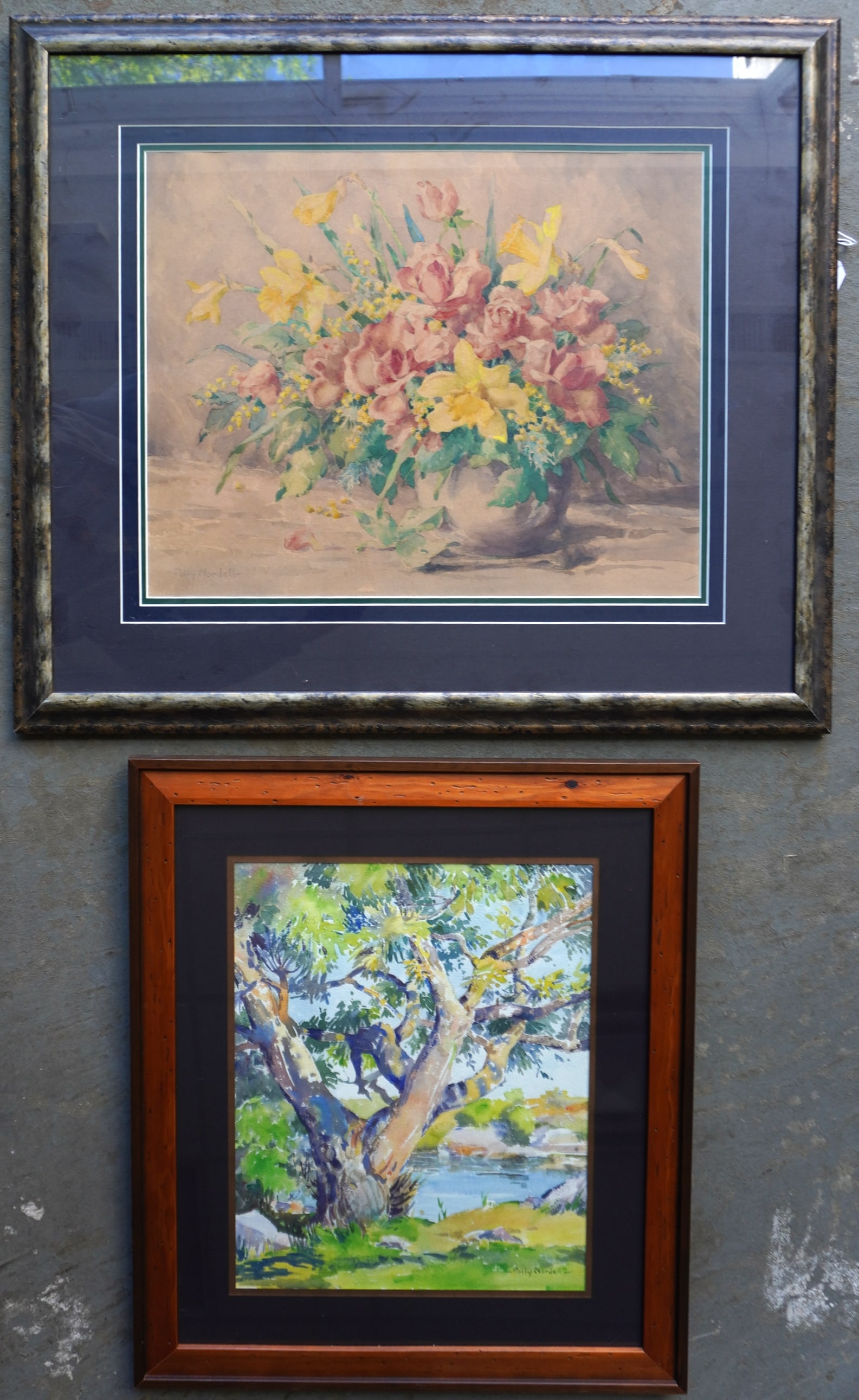 Emma Alice (Polly Nordell) Parker, 1876 - 1958, was active/lived in Massachusetts & Rhode Island.: Emma Alice (Polly Nordell) Parker, 1876 - 1958, was active/lived in Massachusetts & Rhode Island. Two W/C's still lifes including: The first, a colorful large tree by pond signed Polly Nordell bottom 