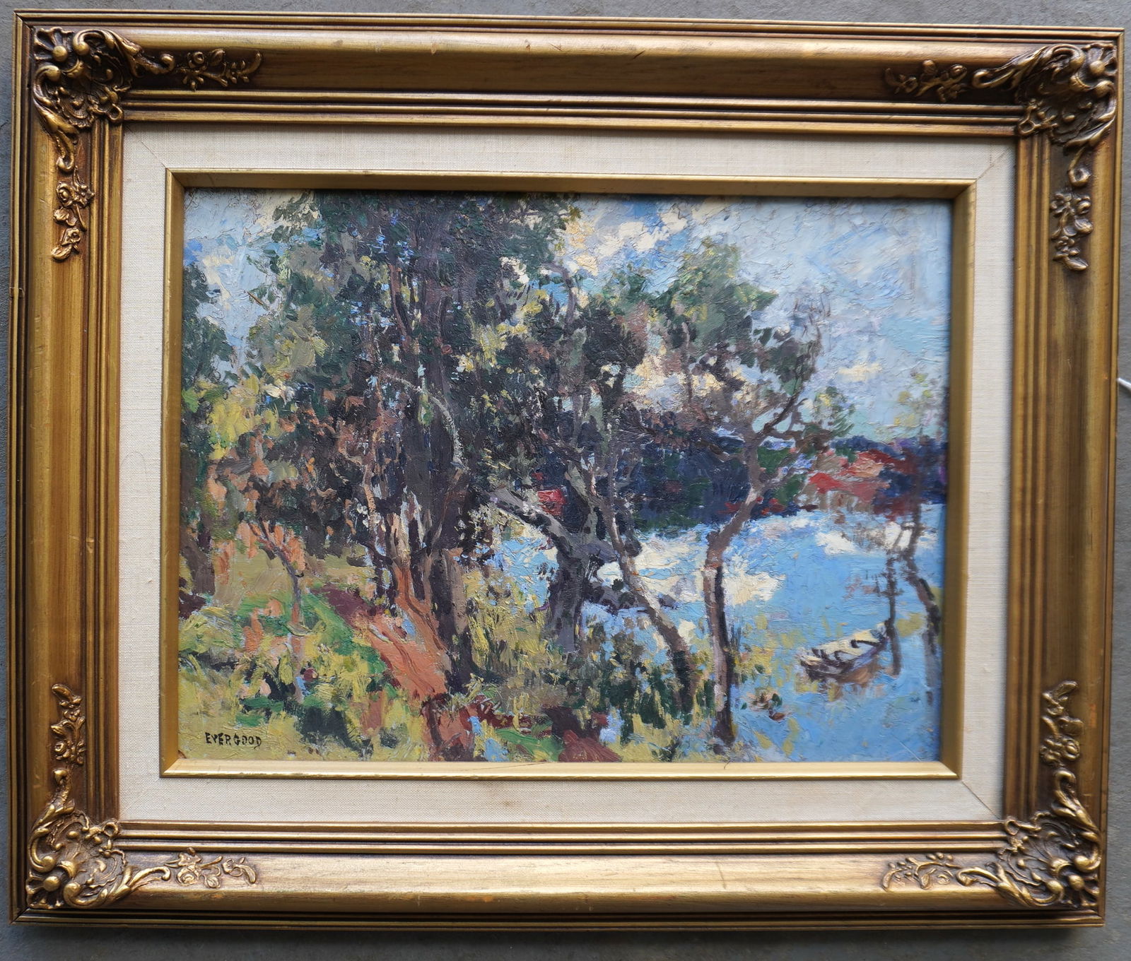 Miles Evergood Blashki (1871 - 1939) was active/lived in New York, California / Australia. O/B: Miles Evergood Blashki (1871 - 1939) was active/lived in New York, California / Australia. O/B (Masonite) Impressionist landscape, trees around lake with rowboat off shoreline, signed "Evergood" botto