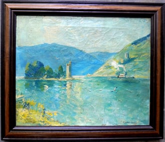 O/C Impressionist seascape with steamboat in river, signed illegibly bottom right corner, circa