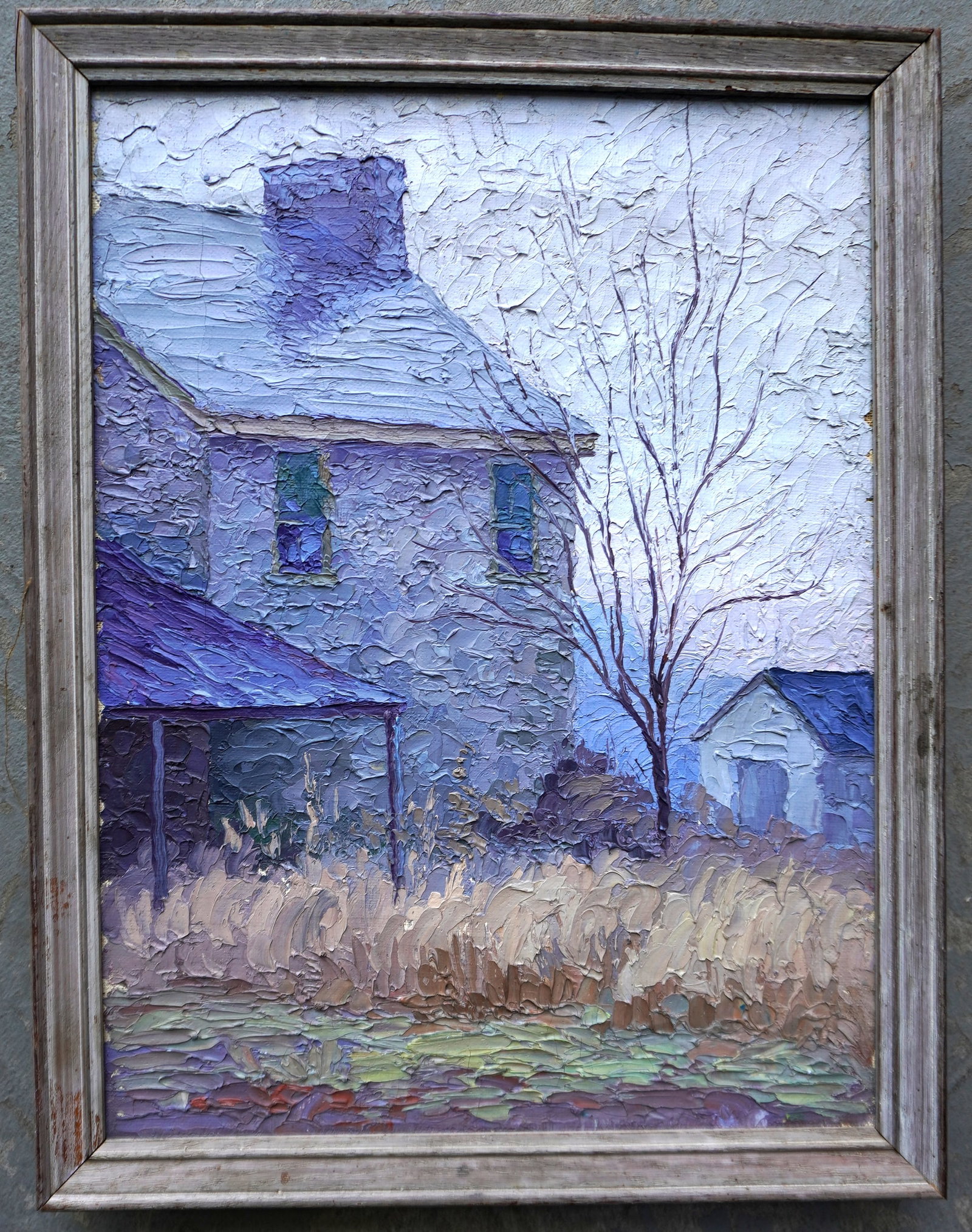 O/C Impasto painting depicting a house and barn, not signed, but very good quality and in very good: O/C Impasto painting depicting a house and barn, not signed, but very good quality and in very good condition, early 20th century.. Total frame size 11 3/4" x 17 3/4".