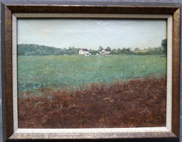 O/C Landscape with field with flowers in foreground and farmhouse with barns in background, signed