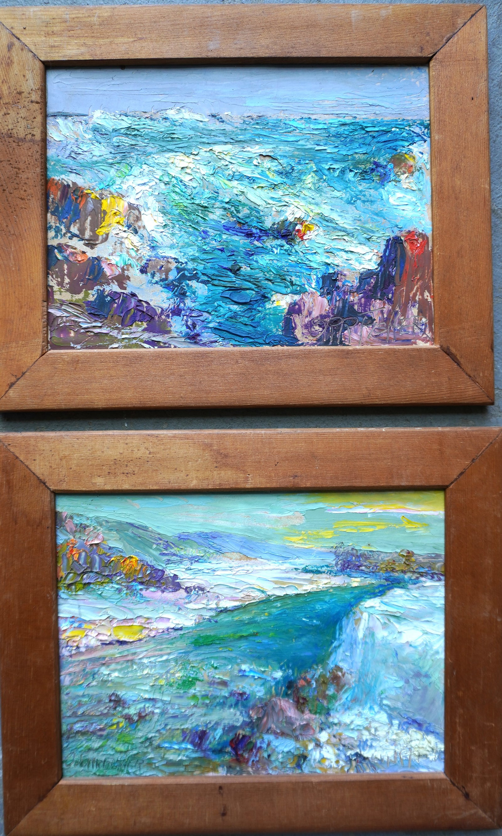 Orr Cleveland Fisher (1885 - 1974) was active/lived in Iowa, NY, California and was a WPA artist.: Orr Cleveland Fisher (1885 - 1974) was active/lived in Iowa, NY, California and was a WPA artist. Two small impasto seascape oils on paper, both signed Orr Fisher with "Orr Fisher Studios in Woodstock