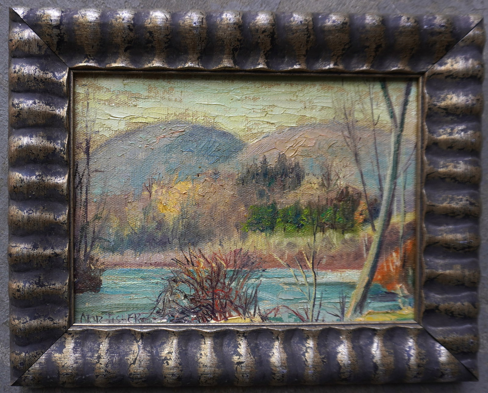 Orr Cleveland Fisher (1885 - 1974) was active/lived in Iowa, NY, California and was a WPA artist.: Orr Cleveland Fisher (1885 - 1974) was active/lived in Iowa, NY, California and was a WPA artist. O/B Landscape with stream, signed Orr Fisher bottom left corner, very good condition. Probably Woodsto