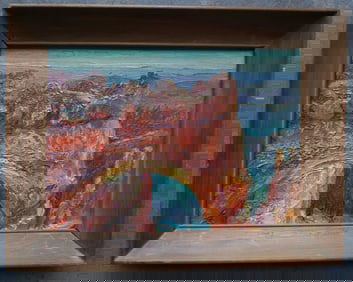 Impasto on board, western landscape marked on reverse "Natural Bridge Bryce" - refers to Natural