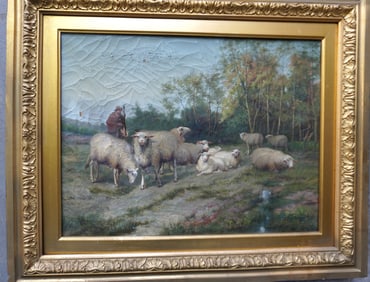 Jef Louis Van Leemputten (1865 - 1948) was active/lived in Belgium. O/C Pastoral scene with shepherd