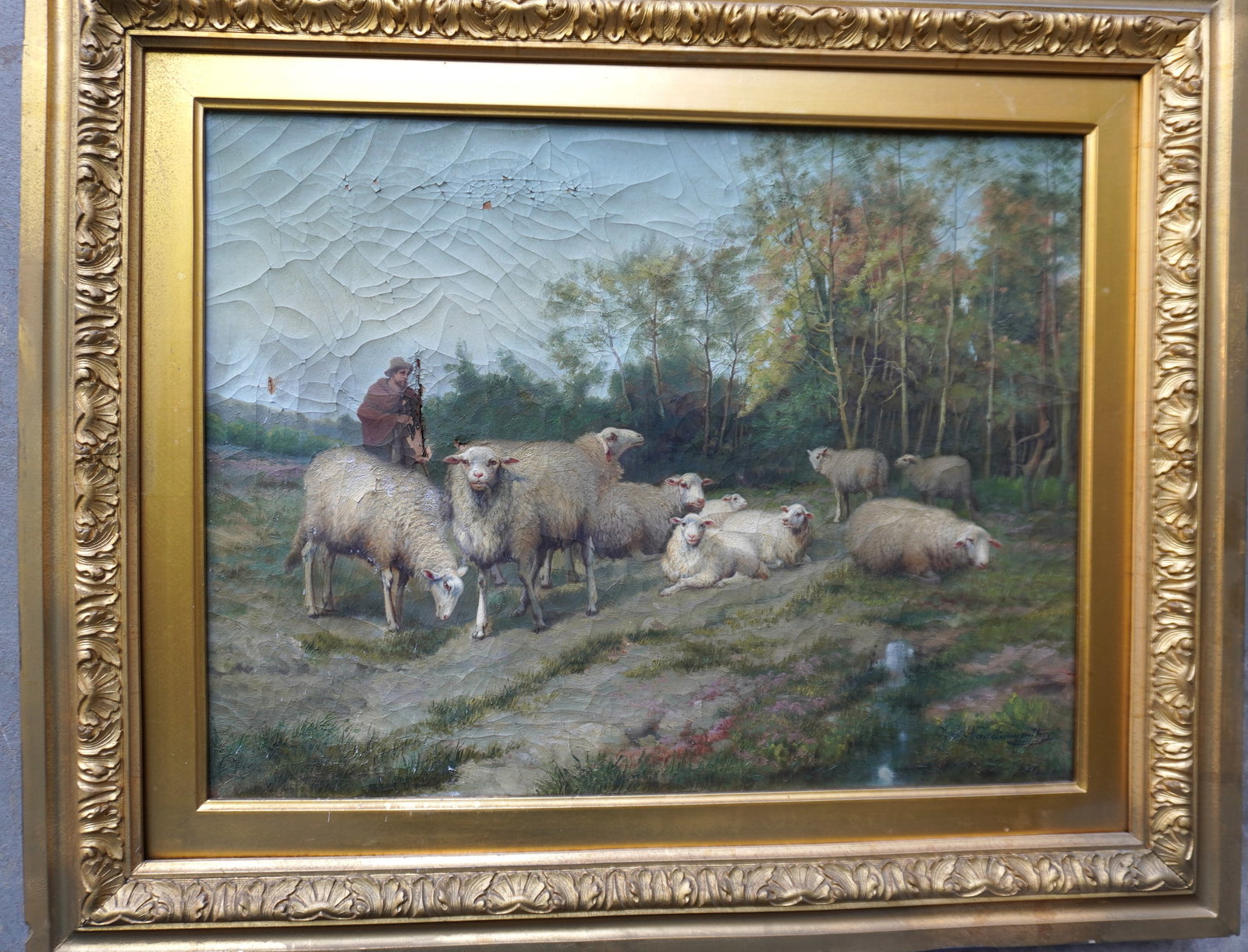 Jef Louis Van Leemputten (1865 - 1948) was active/lived in Belgium. O/C Pastoral scene with shepherd: Jef Louis Van Leemputten (1865 - 1948) was active/lived in Belgium. O/C Pastoral scene with shepherd overlooking sheep, signed J. L. Van Leemputten lower right. Crazing, minor paint flakes, and 2 1/4"