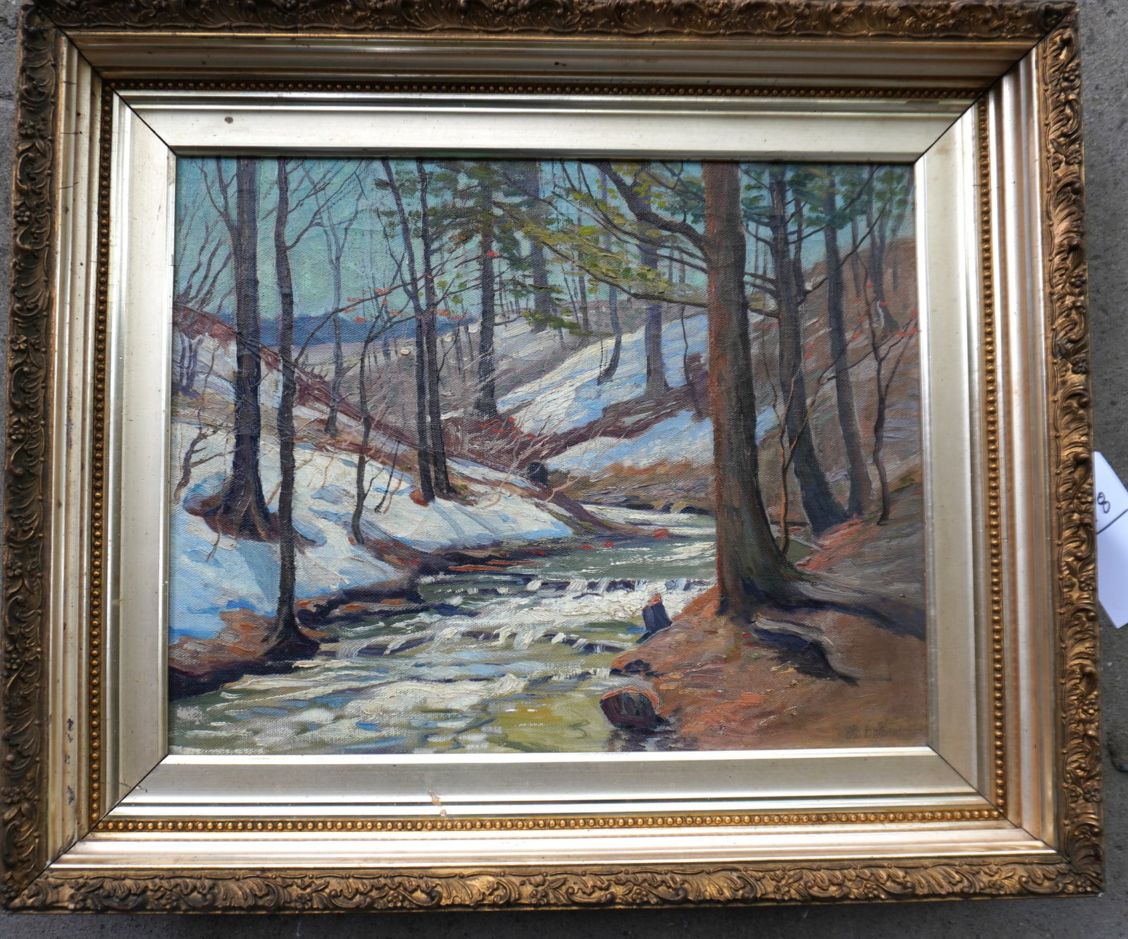 Herman C. Thiem, Rochester NY, b. 1870. O/C Winter landscape with stream flowing from lake in: Herman C. Thiem, Rochester NY, b. 1870. O/C Winter landscape with stream flowing from lake in background meandering through forest, signed lower right H. C. Thiem, late 19th century housed in original