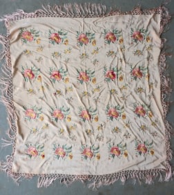 A very fine hand embroidered silk piano scarf decorated with flowers and having silk fringe on all