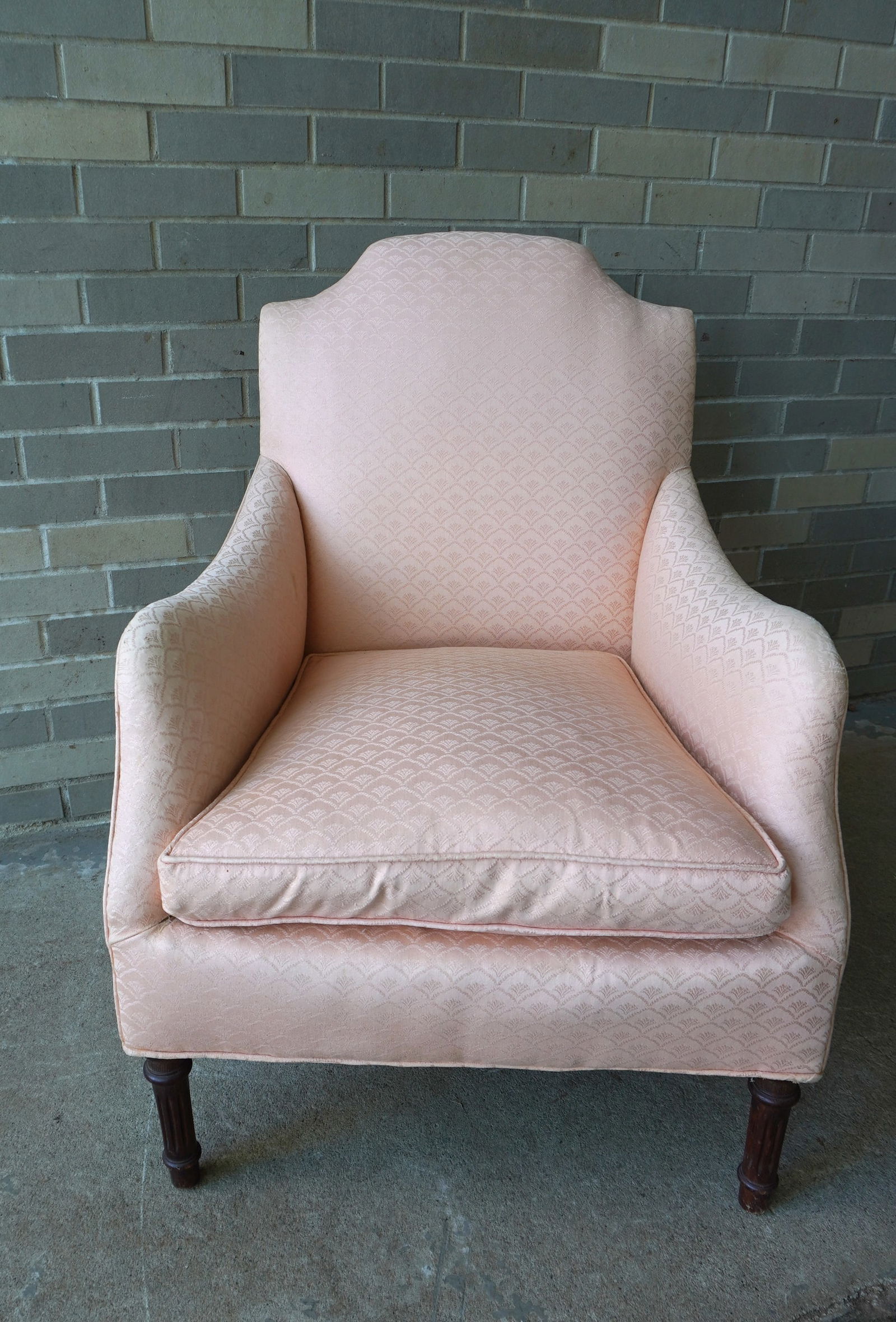 French boudoir upholstered chair in Sheraton style, down filled, good condition. Upholstery has not: French boudoir upholstered chair in Sheraton style, down filled, good condition. Upholstery has not been removed to help with identification of age, circa 19th century. Measures 25"W x 27"D x 34 1/2"H