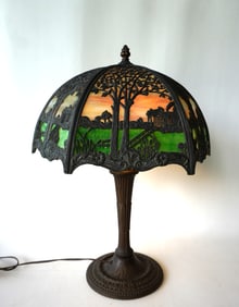 A very fine Miller Lamp Co. slag glass table lamp, Arts & Crafts period, circa 1920, signed M.L. Co.
