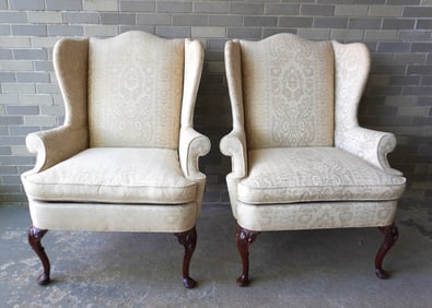 Two upholstered Queen Ann style wing chairs, late 20th century, signed Southwood Furniture
