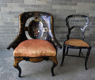 The best Victorian paper mache black lacquered and gilded lady's parlor chair with cabriole legs and