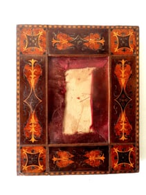 A very fine standup dresser picture frame having extensive exotic wood inlays including satinwood,