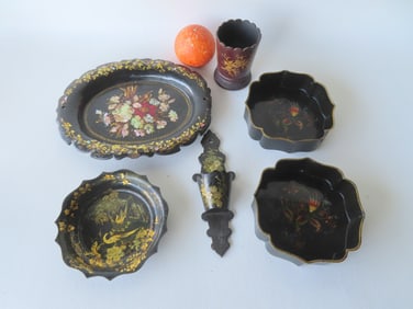 A grouping of 6 paper mache and tin black lacquered collectibles, 19th century, including: Two small