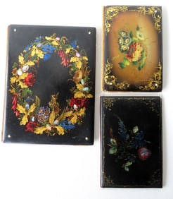 Three Victorian hand painted black lacquered paper mache hand painted book covers or photo albums,