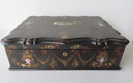 A lovely lady's traveling box with fitted interior, appears to be used for writing and sewing and