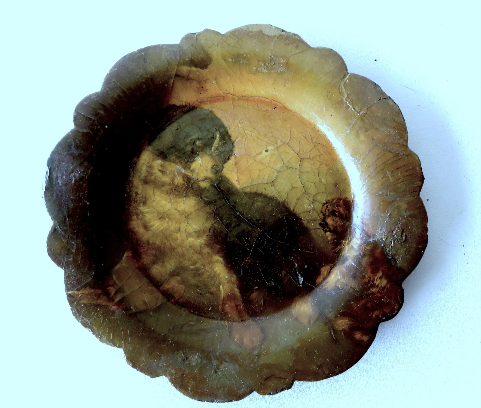 A paper mache hand painted portrait plate of 2 dogs, the larger dog at rest and the smaller younger: A paper mache hand painted portrait plate of 2 dogs, the larger dog at rest and the smaller younger dog in a begging position, 19th century. Repairs and overpaint to edges of plate else good condition