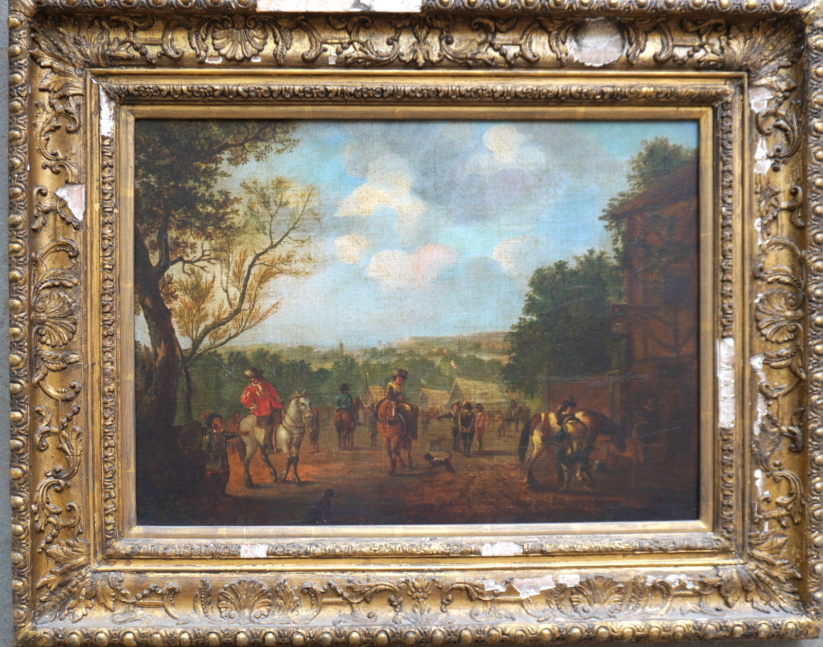 Pieter Wouwerman, Dutch 1623 - 1682 (attributed due to note on reverse). O/C Country landscape with: Pieter Wouwerman, Dutch 1623 - 1682 (attributed due to note on reverse). O/C Country landscape with military figures, lady on horseback, and barking dog adjacent to unfinished building. On old catalog