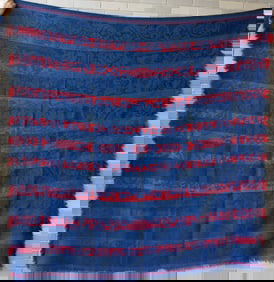 A Pennsylvania 1 piece coverlet, red, blue and dark green, with fringe on 3 sides - design is mostly