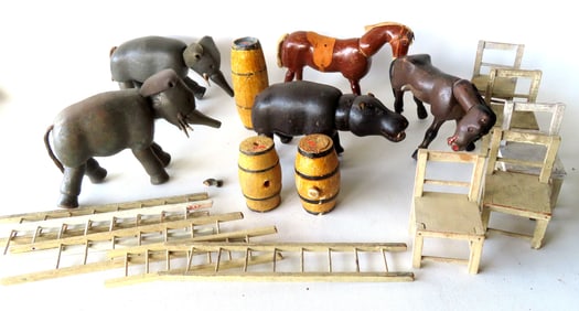 Grouping of early German Schoenhut wooden circus animals, and accessories to include: Horse, Hippo,