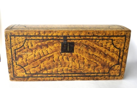 Sponge decorated mustard colored dome top storage box, early 19th century, New England origin.