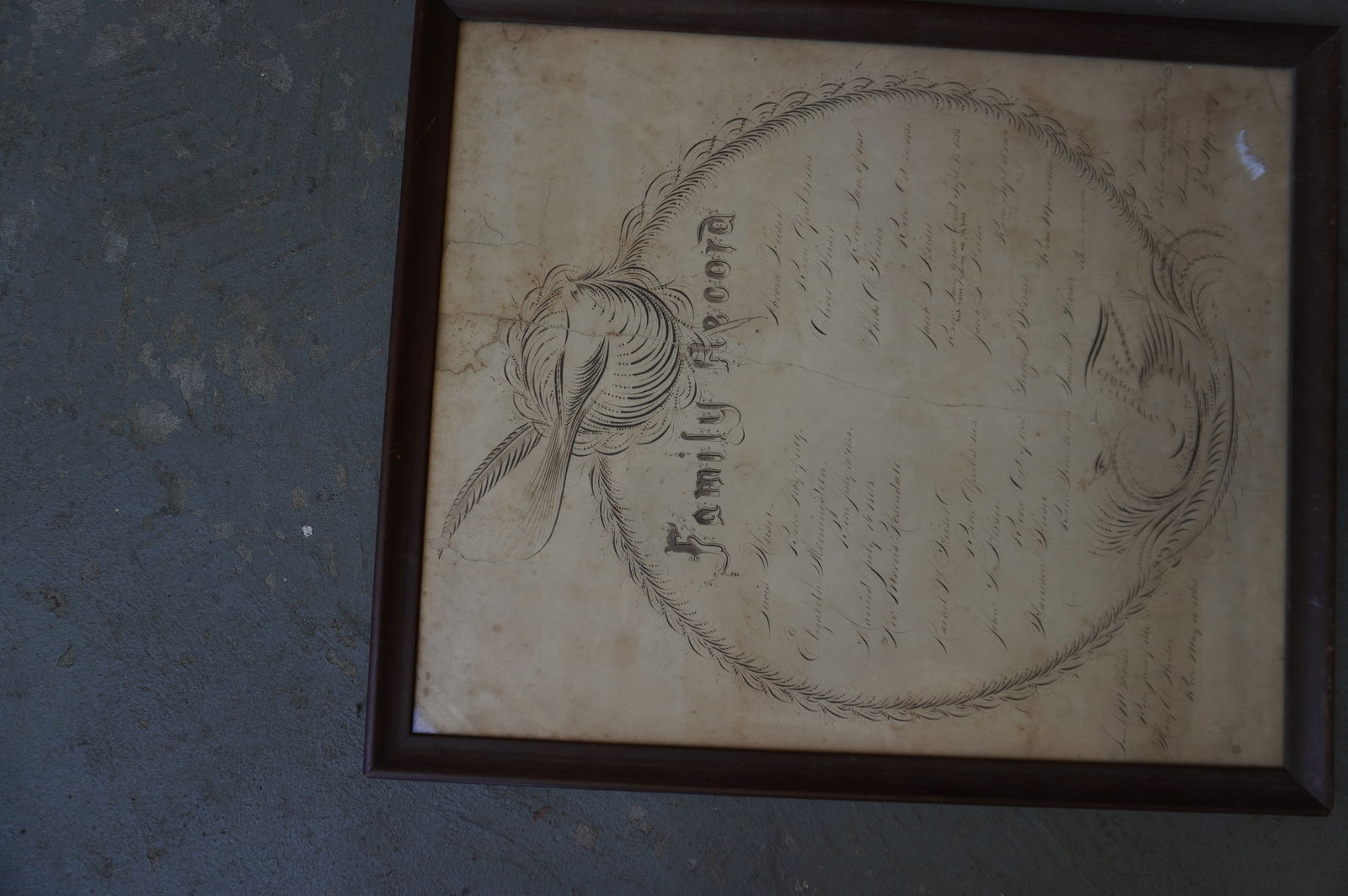 A calligraphy family record for Heiser family,1809-1867 signed by artist "G.A. Gasken / Pen.".: A calligraphy family record for Heiser family,1809-1867 signed by artist "G.A. Gasken / Pen.". Beautiful pen work, but paper is in poor to fair condition with tears, foxing and staining. Total frame s