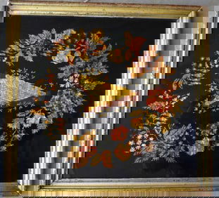 A tinsel painting depicting a wreath of colorful flowers and leaves, mid to late 19th century,