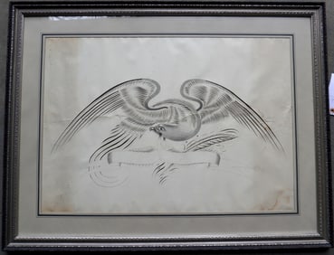 A framed hand drawn pen and ink and graphite calligraphy of a spread wing American eagle holding a