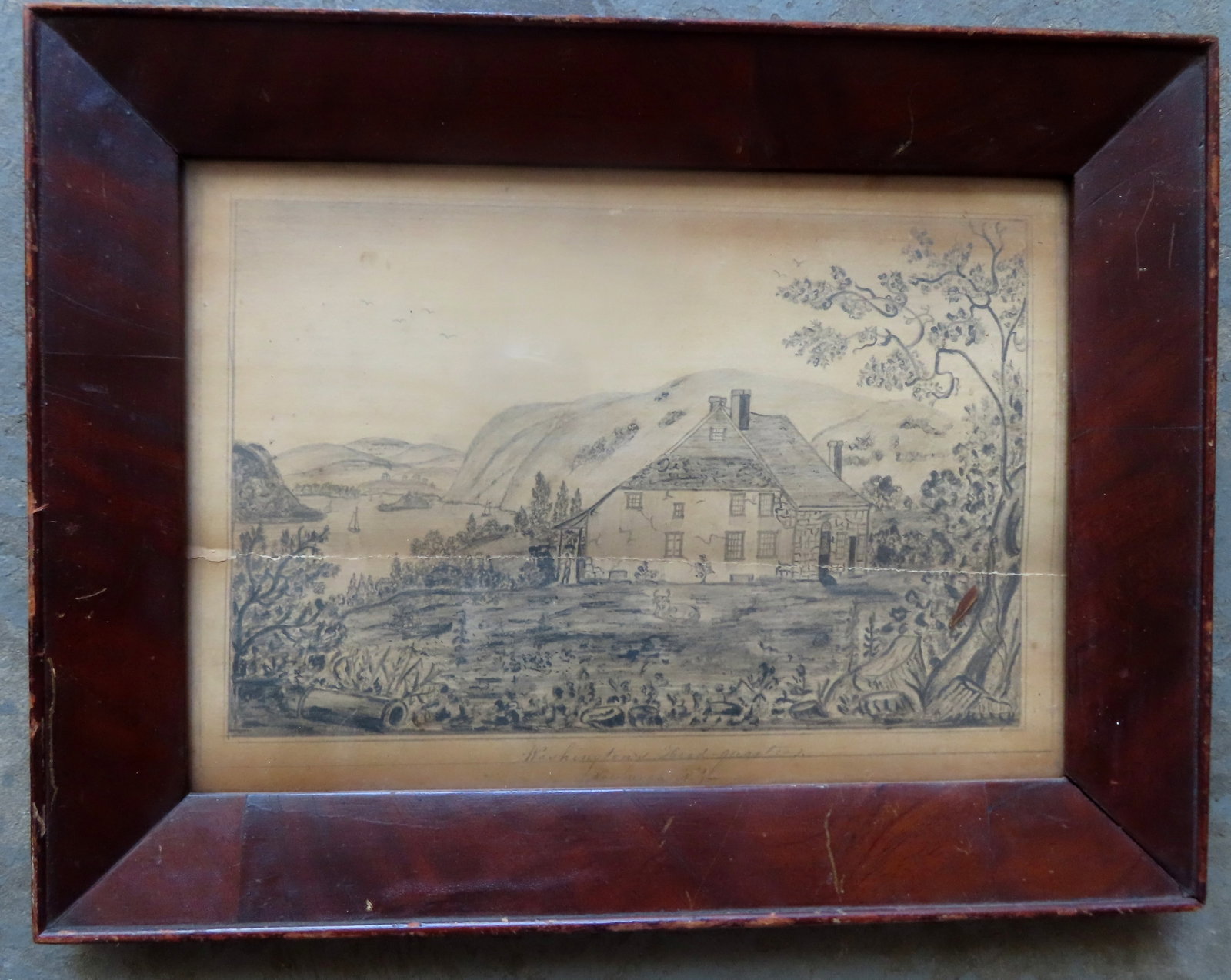 A small early graphite drawing titled in old script by artist "Washington's Head-quarters / Newburgh: A small early graphite drawing titled in old script by artist "Washington's Head-quarters / Newburgh N.Y.", early 19th century. The scene, looking south from Newburgh, depicts the Storm King Mountains