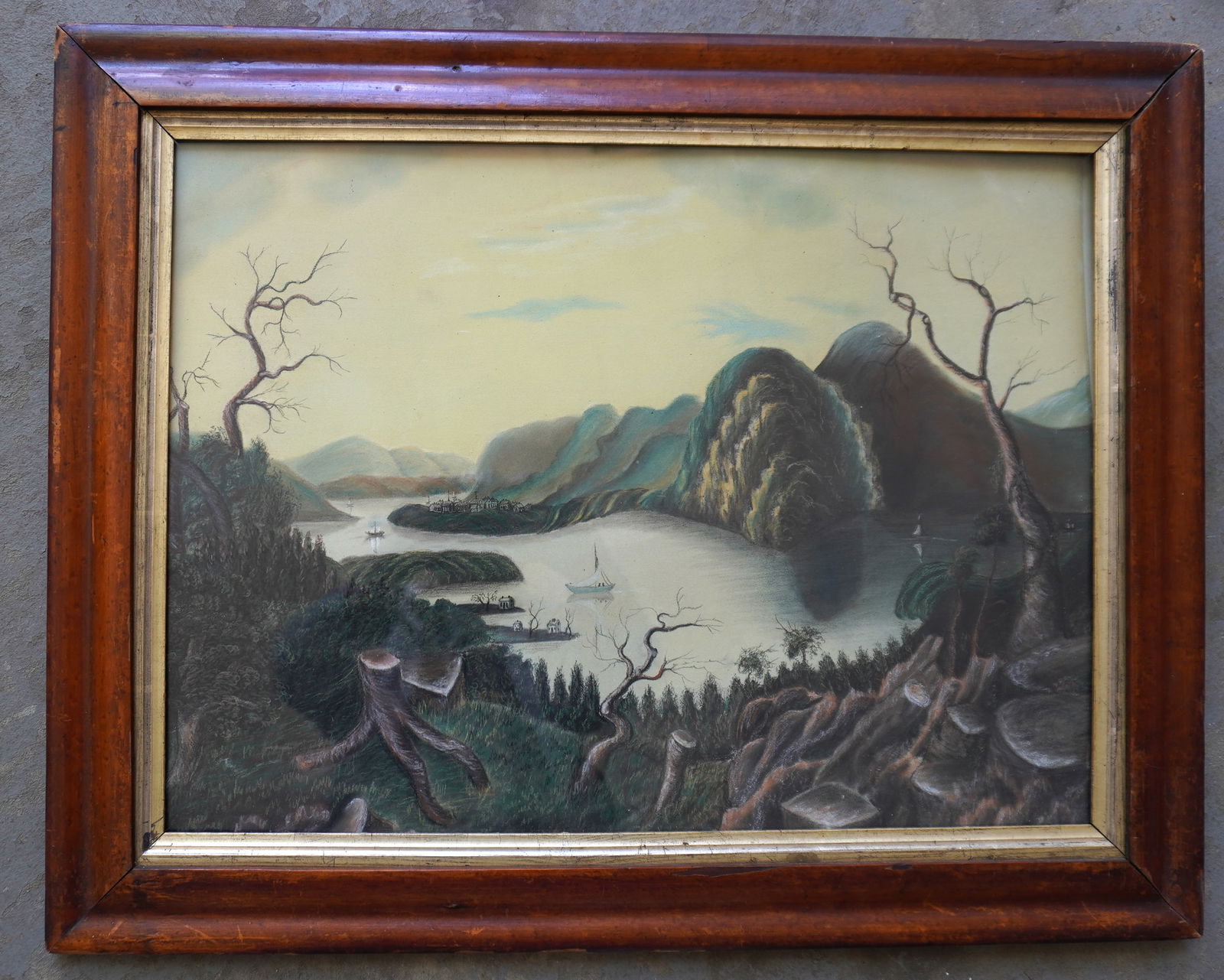 A pastel landscape sandpaper drawing, circa 1850 depicting sailboats in river and town and other: A pastel landscape sandpaper drawing, circa 1850 depicting sailboats in river and town and other buildings bordering water - probably Hudson River Valley. The artwork in very good original condition,