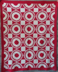 Patchwork red and white quilt, "Broken Circle" pattern, signed "Myrtle Young Feb. 21, 1931. Very