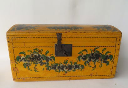A New England dome top box in original mustard paint with leaf and berry paintings (probably
