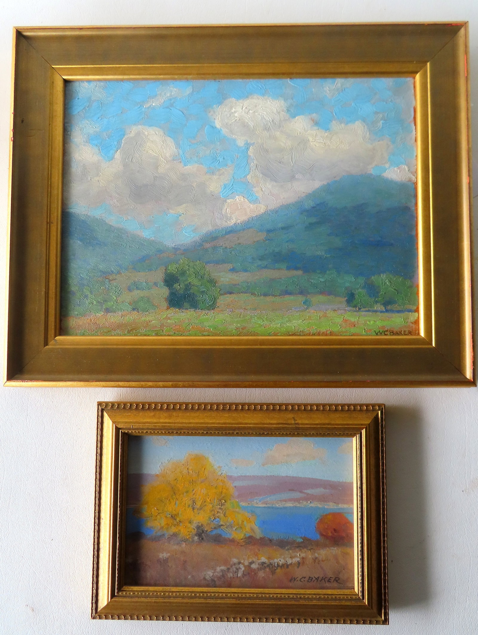 William Charles Baker (1872 - 1958) was active/lived in New York. Two landscapes signed W.C. Baker.: William Charles Baker (1872 - 1958) was active/lived in New York. Two landscapes signed W.C. Baker. The first, an oil on board depicting mountains and fields - this is the largest with a frame size 12