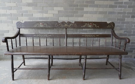A Sheraton country bench with half-spindles and wide plank seat, early 19th century, probably