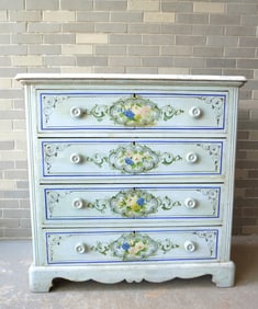 A beautiful cottage pine marble top dresser in original white and blue paint and having 4 drawers