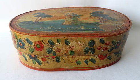 A very fine Scandinavian bride's box, circa 1800-30. The lid is decorated with a folk art painting