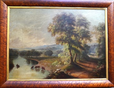 O/C Hudson River landscape with people walking down path leading to stream with cows and sheep and